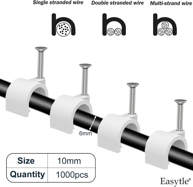 Easytle Cable Clips 10mm Nail in Cable Clip 1000 Pcs Cable Wire Clips Cable Tacks Coax Clips Speaker Wire Clips Cable Nails for Cords Cable Clamps Ethernet Cable Clip RG6 RG59 CAT6 RJ45 - Image 3